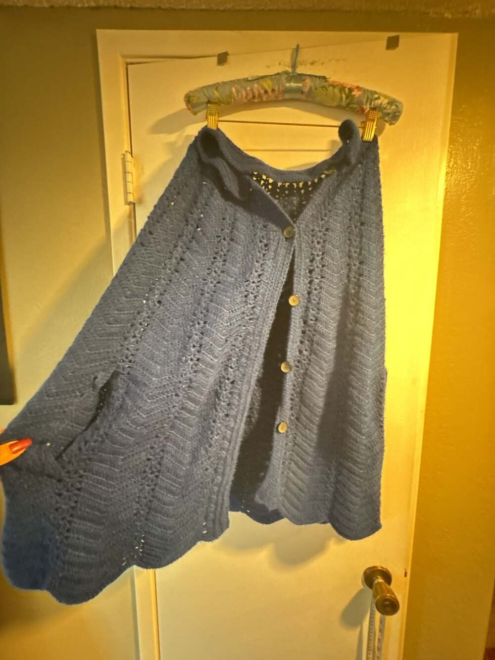 Handmade Crocheted Blue Capelet With Collar And Buttons
